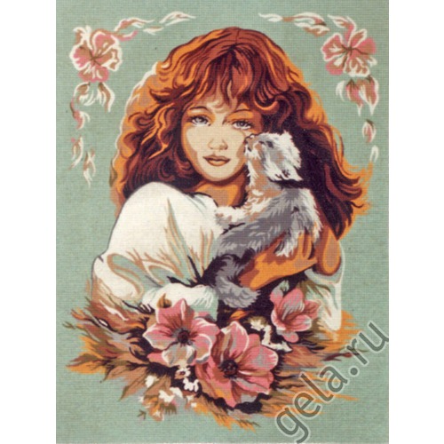 Канва с нанесенным рисунком Diamant "Девушка с кошкой" (фото, вид 1)