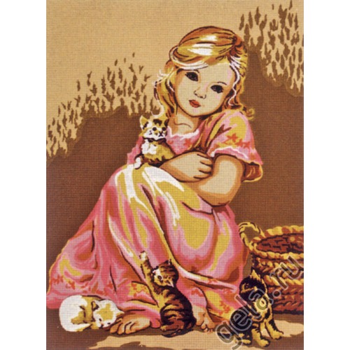 Канва с нанесенным рисунком Diamant &quot;Малышка в розовом и котята&quot;