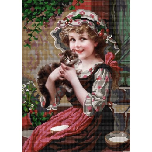 Ткань с рисунком для вышивки бисером Конёк "Девочка с котенком"